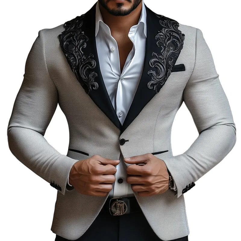 Men's Vintage Elegant Embroidery Lapel Slim Business Casual Blazer 05317277Z sold by Manly