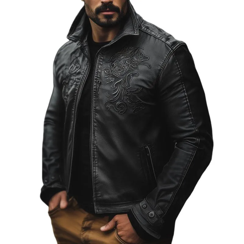 Men's Vintage Embroidery PU Leather Lapel Zipper Casual Jacket 37358785Z sold by Manly