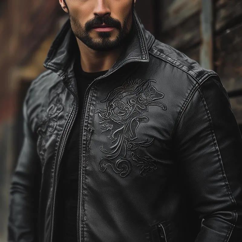 Men's Vintage Embroidery PU Leather Lapel Zipper Casual Jacket 37358785Z sold by Manly product image thumbnail 3