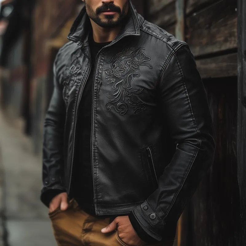 Men's Vintage Embroidery PU Leather Lapel Zipper Casual Jacket 37358785Z sold by Manly product image thumbnail 2