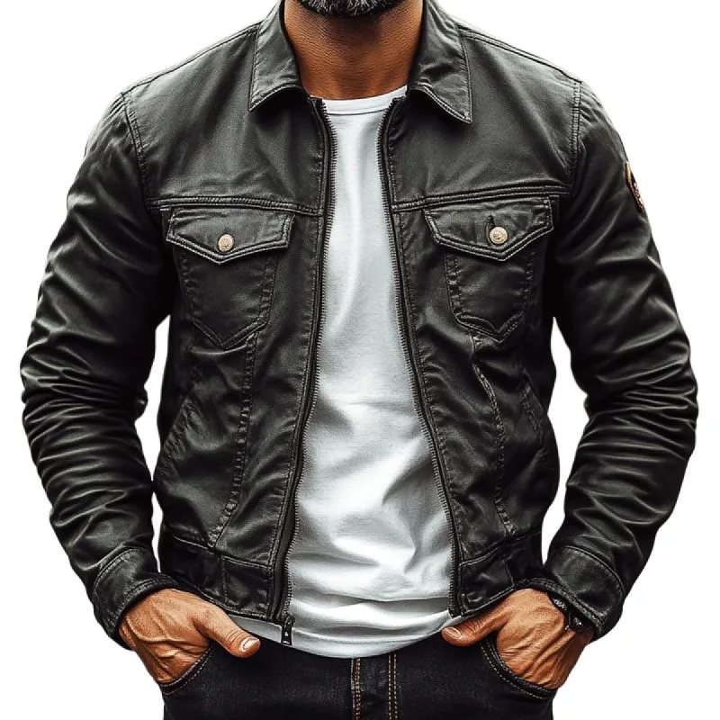 Men's Vintage PU Leather Lapel Chest Pocket Zipper Biker Jacket 46355652Z sold by Manly