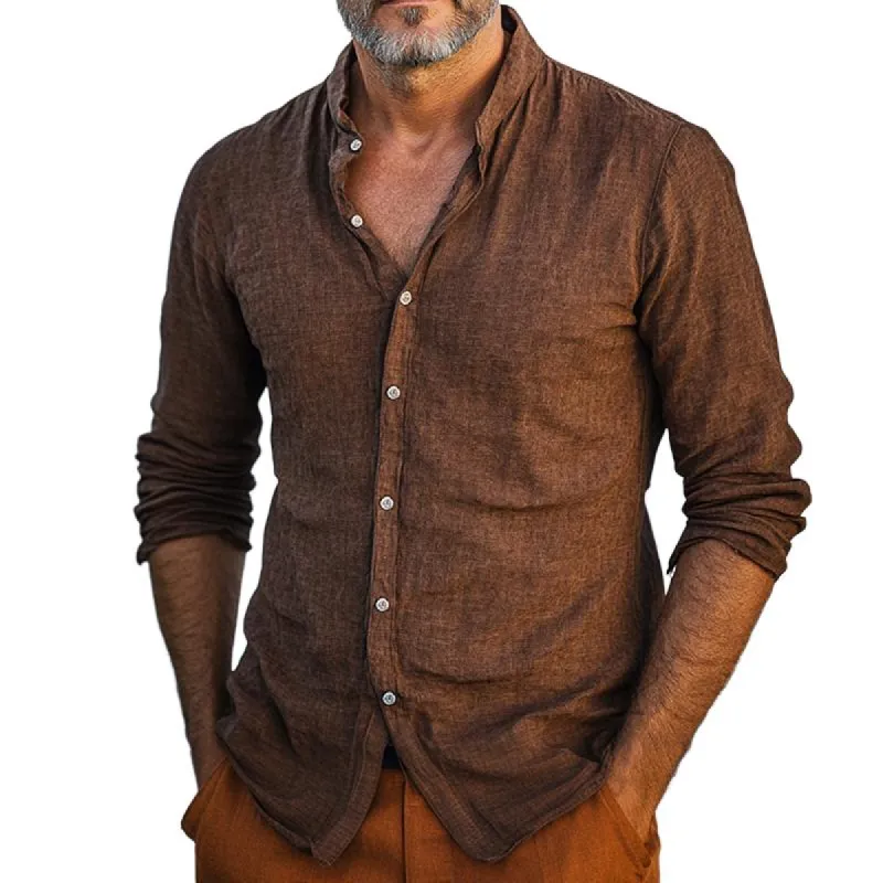 Men's Retro Casual Cotton and Linen Stand Collar Long Sleeve Shirt 64166729TO sold by Manly