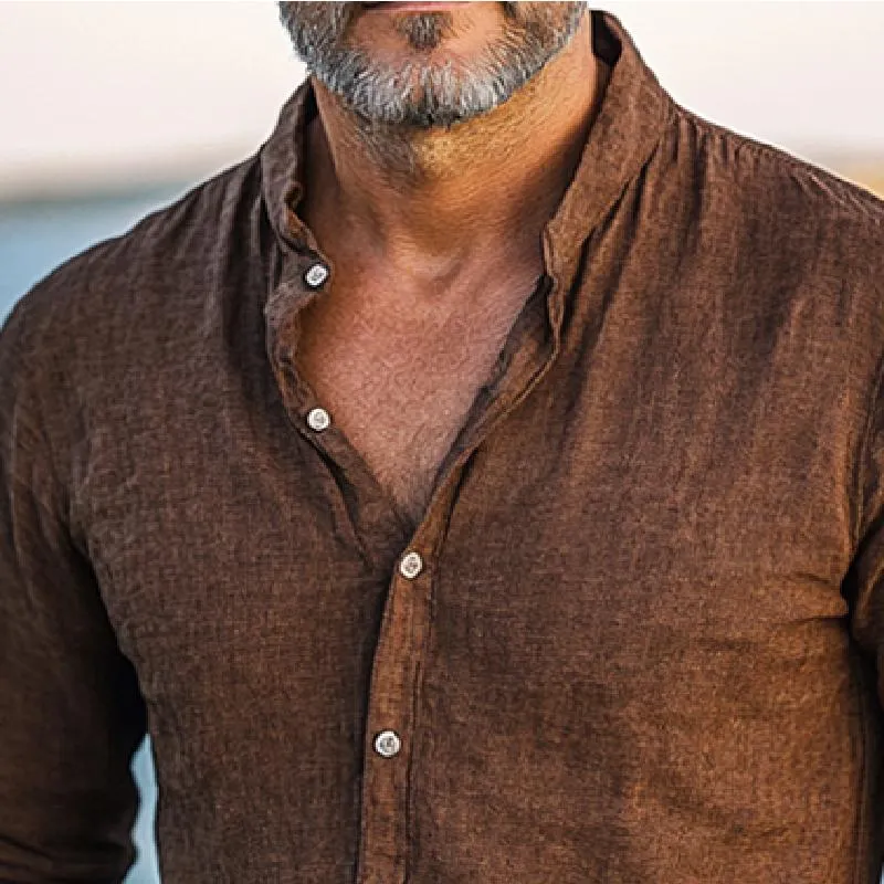 Men's Retro Casual Cotton and Linen Stand Collar Long Sleeve Shirt 64166729TO sold by Manly product image thumbnail 3