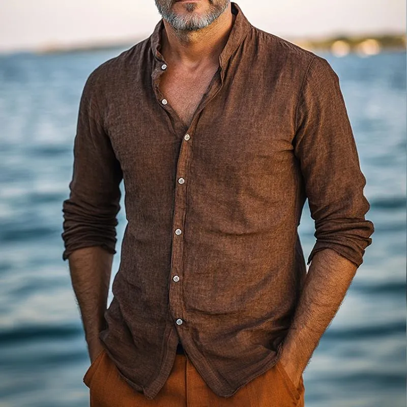 Men's Retro Casual Cotton and Linen Stand Collar Long Sleeve Shirt 64166729TO sold by Manly product image thumbnail 2