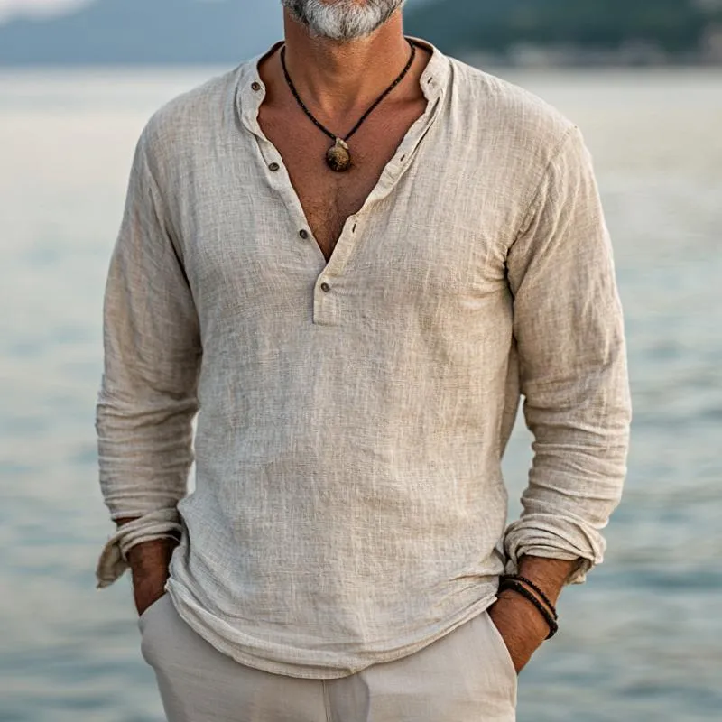 Men's Vintage Casual Cotton and Linen Henley Collar Long Sleeve Shirt 00468909TO sold by Manly product image thumbnail 2