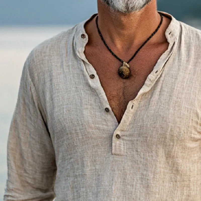 Men's Vintage Casual Cotton and Linen Henley Collar Long Sleeve Shirt 00468909TO sold by Manly product image thumbnail 3