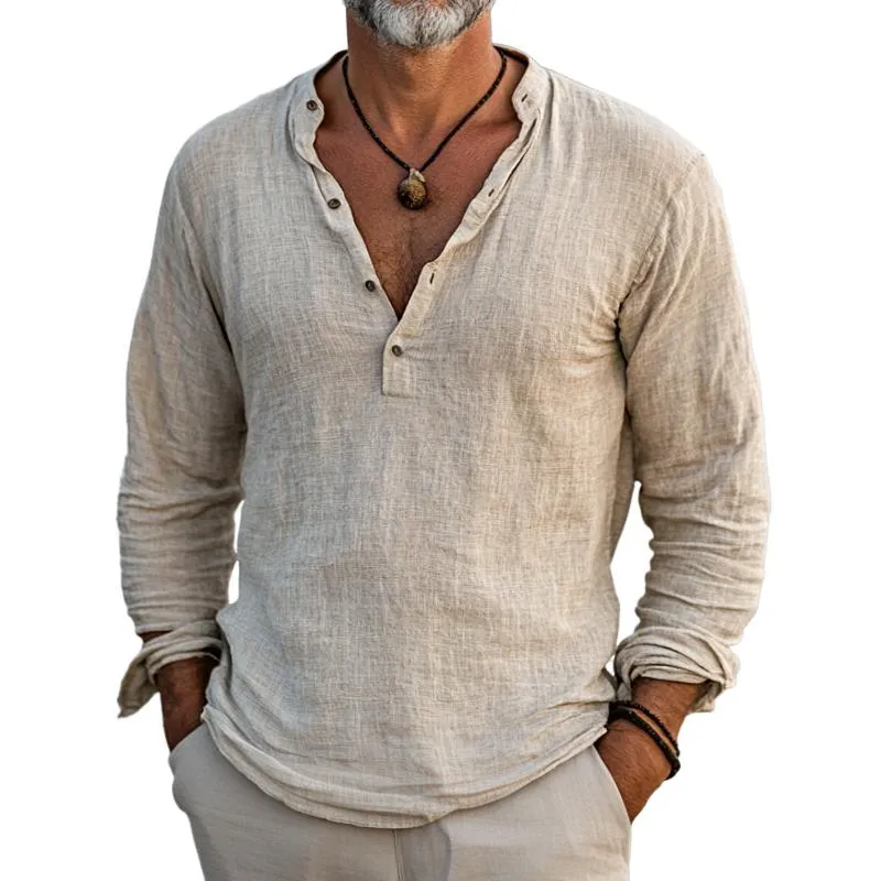 Men's Vintage Casual Cotton and Linen Henley Collar Long Sleeve Shirt 00468909TO sold by Manly