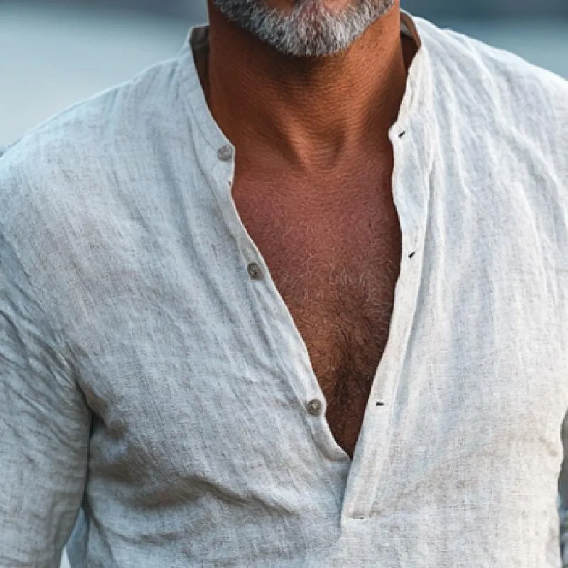 Men's Vintage Casual Cotton and Linen Henley Collar Long Sleeve Shirt 28002779TO sold by Manly product image thumbnail 3