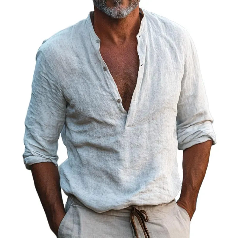Men's Vintage Casual Cotton and Linen Henley Collar Long Sleeve Shirt 28002779TO sold by Manly
