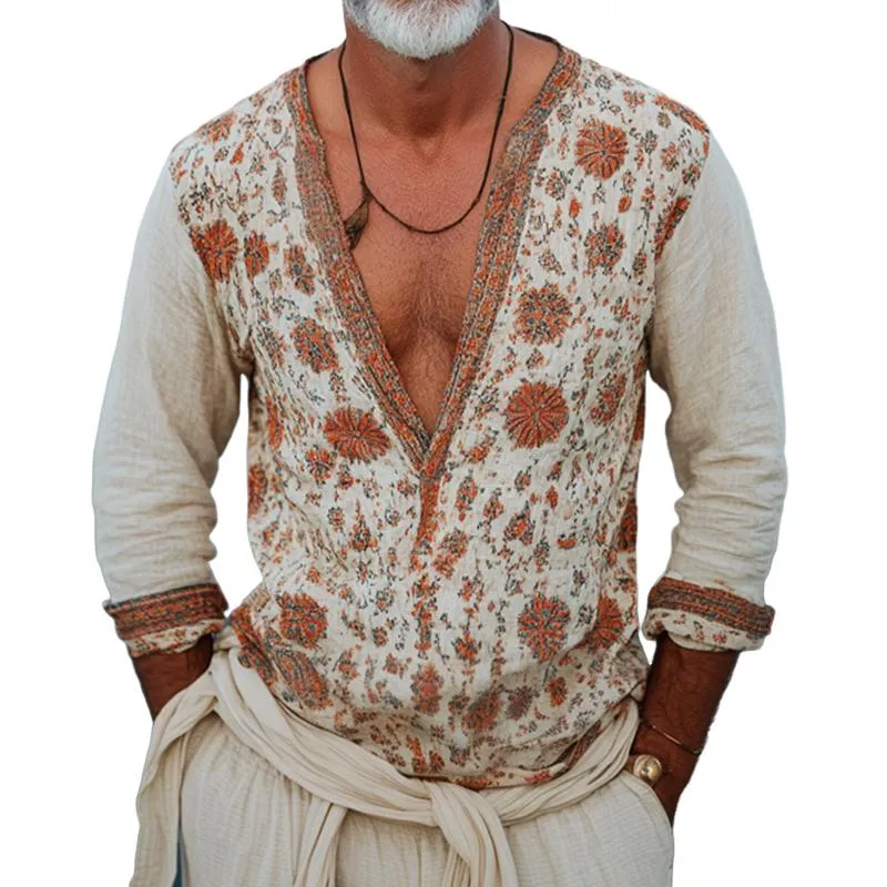 Men's Retro Casual Ethnic Style Printed Long Sleeve Shirt 73009806TO sold by Manly