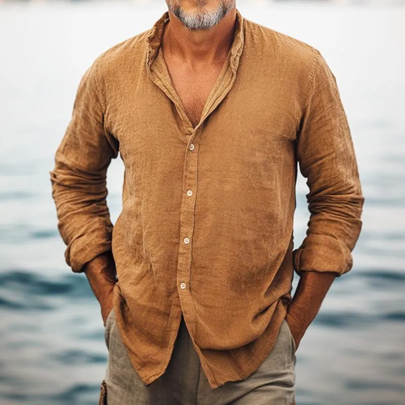 Men's Retro Casual Cotton and Linen Stand Collar Long Sleeve Shirt 00008047TO sold by Manly product image thumbnail 2