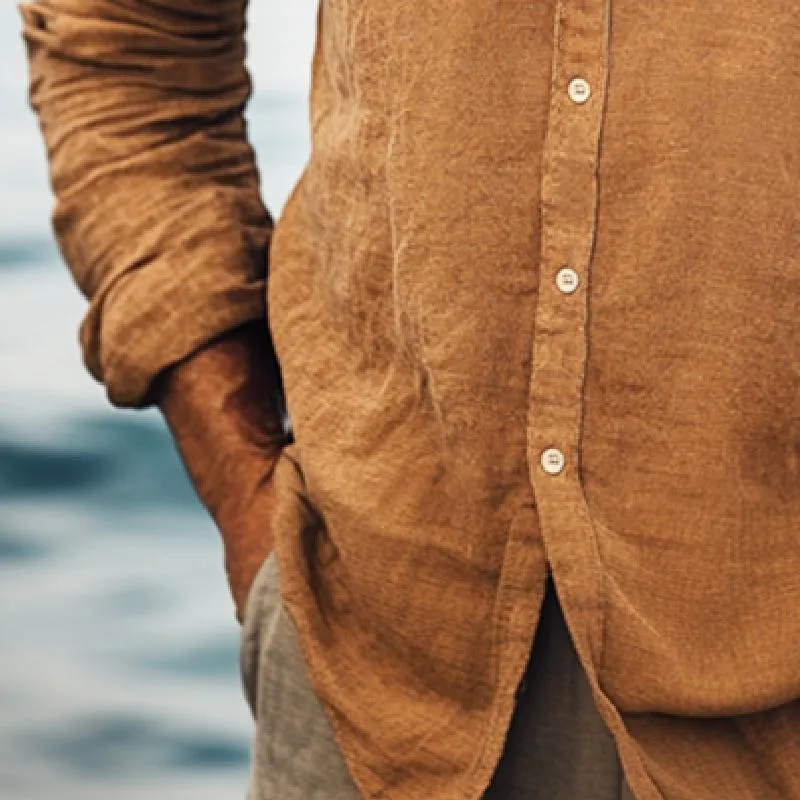 Men's Retro Casual Cotton and Linen Stand Collar Long Sleeve Shirt 00008047TO sold by Manly product image thumbnail 3