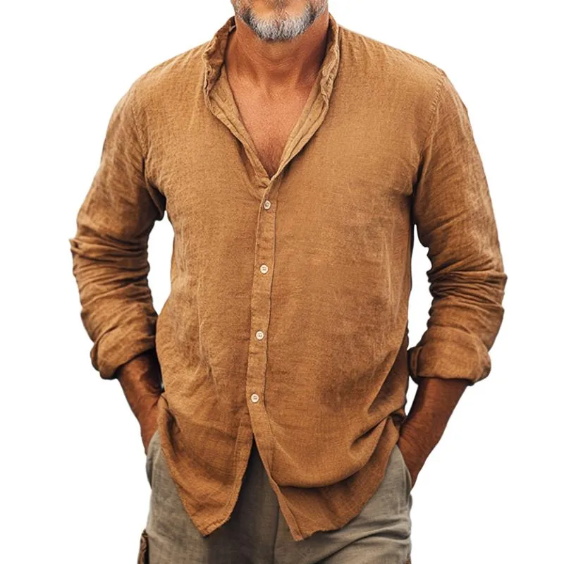 Men's Retro Casual Cotton and Linen Stand Collar Long Sleeve Shirt 00008047TO sold by Manly