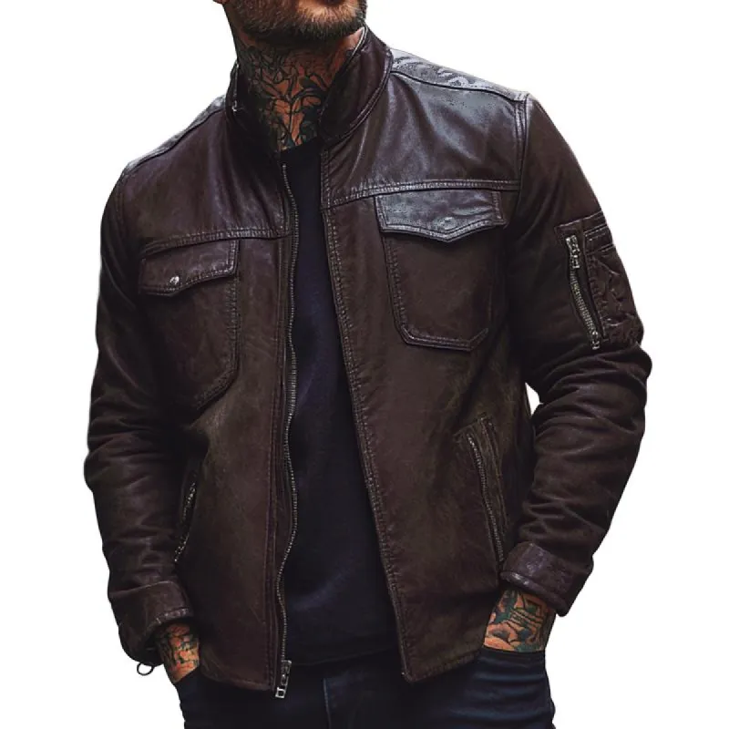 Men's Classic Stand Collar Slim Fit Multi-Pocket Leather Jacket 41446392F sold by Manly