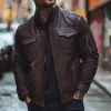 Men's Classic Stand Collar Slim Fit Multi-Pocket Leather Jacket 41446392F sold by Manly