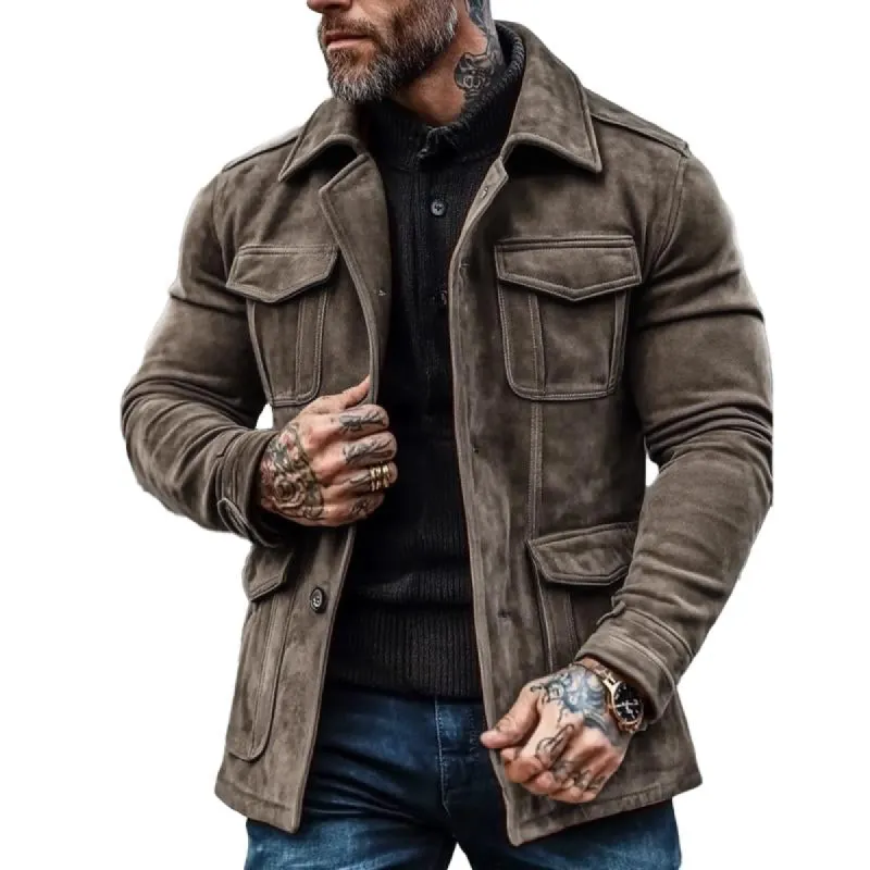 Men's Suede Multi-pocket Slim-fit Lapel Coat 35294956X sold by Manly