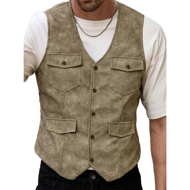 Men's Casual V-Neck Button Leather Vest 00710360X sold by Manly