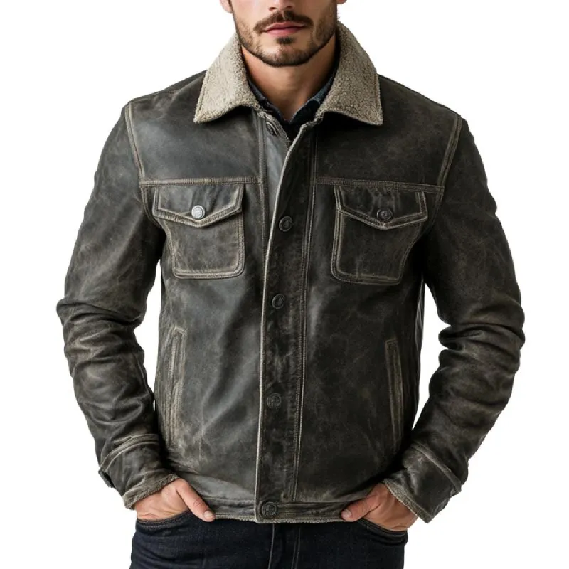 Men's Distressed Lambswool Lining Leather Jacket 98378881U sold by Manly