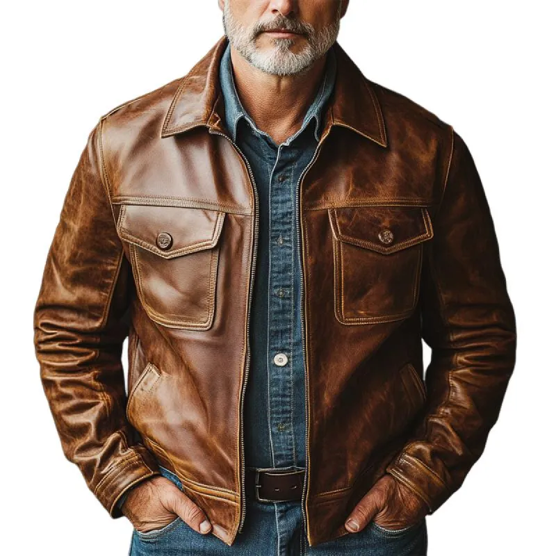 Men's Vintage Distressed Zipper Leather Jacket 99517427U sold by Manly