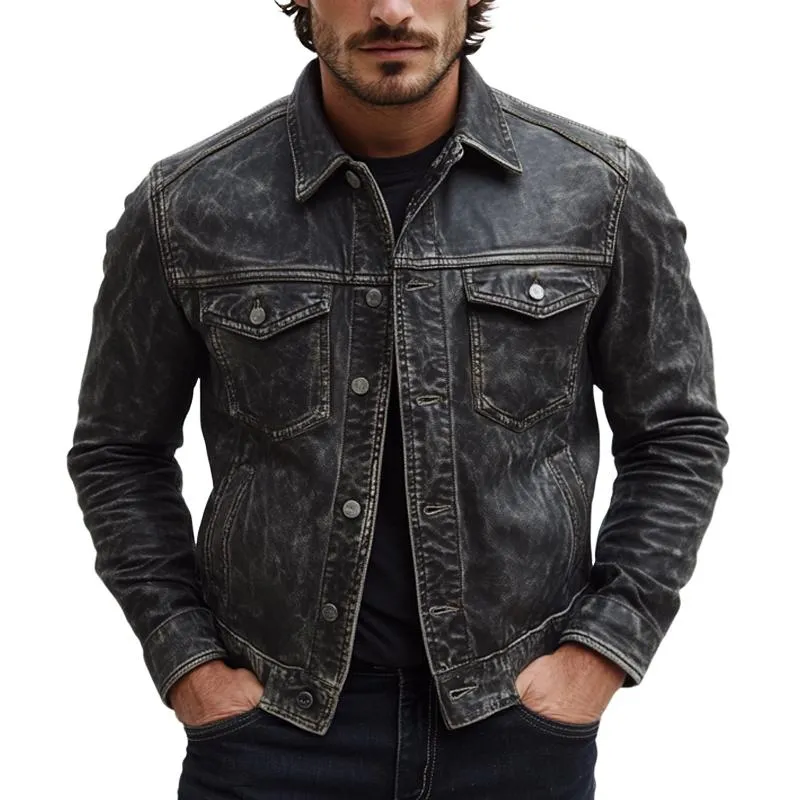 Men's Vintage Distressed Button Leather Jacket 22912285U sold by Manly
