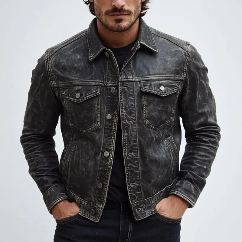 Men's Vintage Distressed Button Leather Jacket 22912285U sold by Manly product image thumbnail 2