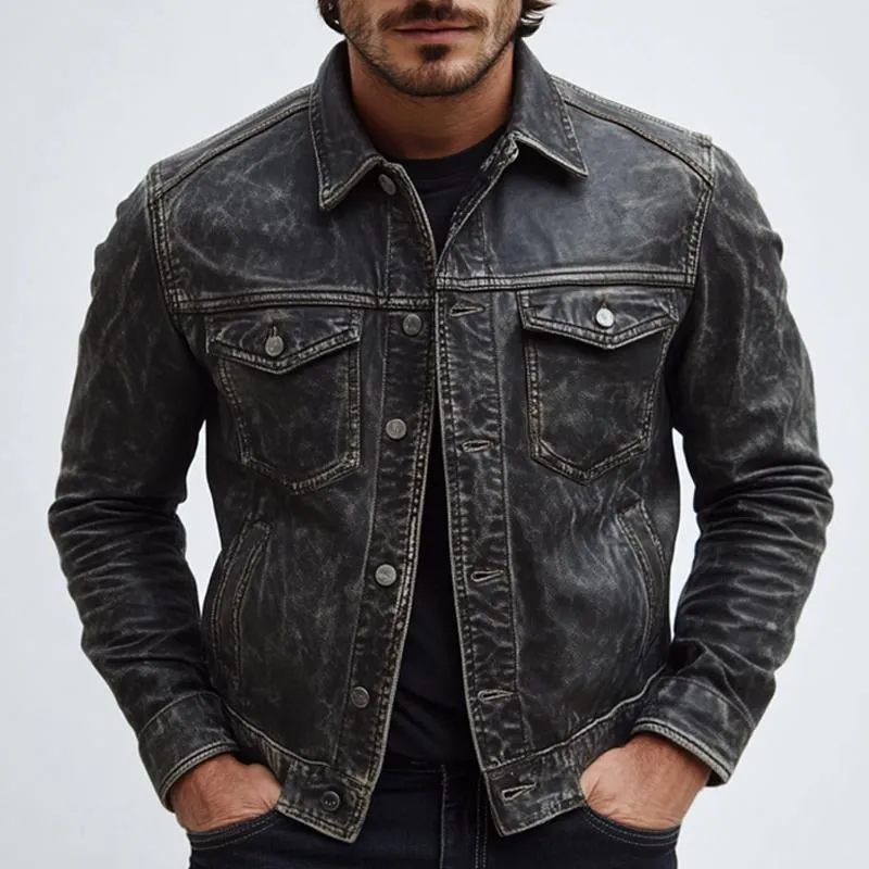 Men's Vintage Distressed Button Leather Jacket 22912285U sold by Manly product image thumbnail 4