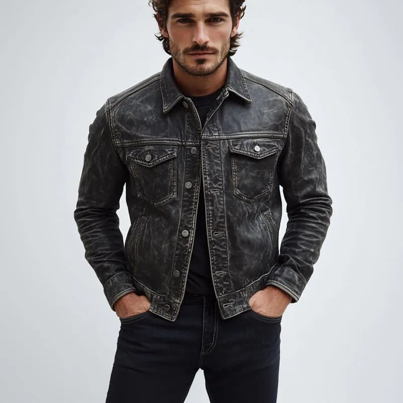 Men's Vintage Distressed Button Leather Jacket 22912285U sold by Manly product image thumbnail 3