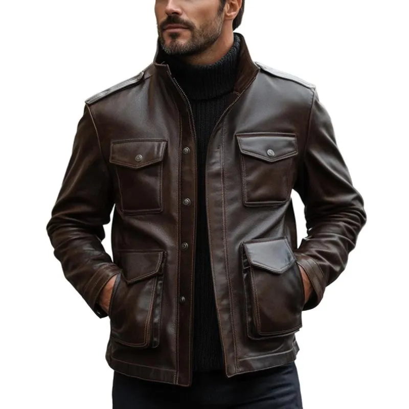 Men's Vintage Dark Brown Stand Collar Leather Jacket 88534955U sold by Manly
