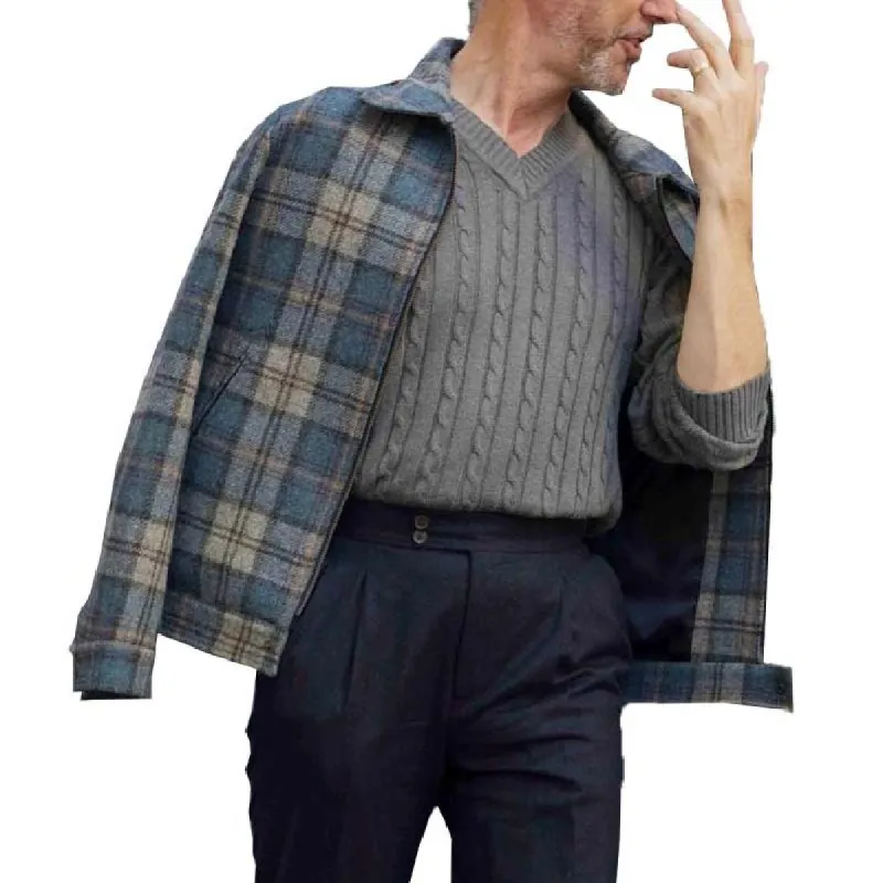 Men's Classic Retro Lapel Zipper Plaid Tweed Jacket 69639324K sold by Manly