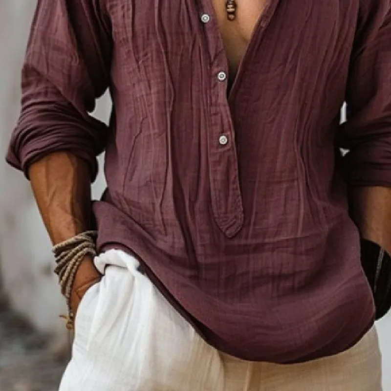 Men's Classic Casual V-Neck Cotton and Linen Long Sleeve Shirt 05017134K sold by Manly product image thumbnail 4