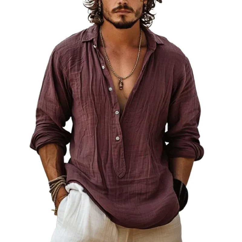 Men's Classic Casual V-Neck Cotton and Linen Long Sleeve Shirt 05017134K sold by Manly