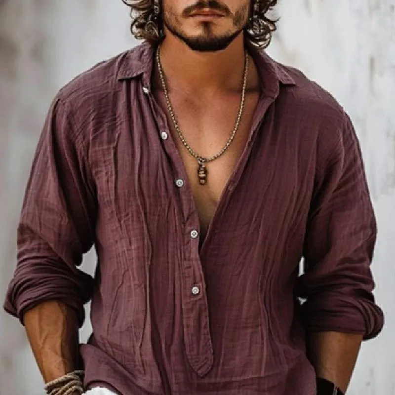 Men's Classic Casual V-Neck Cotton and Linen Long Sleeve Shirt 05017134K sold by Manly product image thumbnail 3