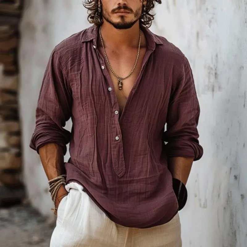 Men's Classic Casual V-Neck Cotton and Linen Long Sleeve Shirt 05017134K sold by Manly product image thumbnail 2