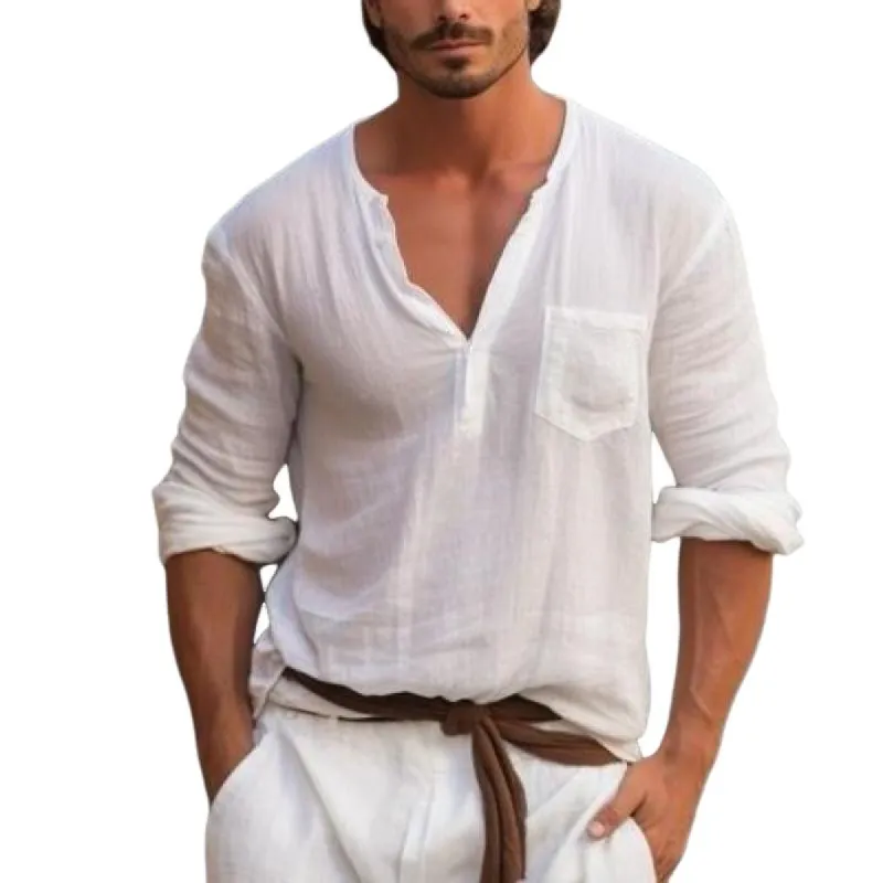 Men's Classic Casual V-Neck Pocket Cotton and Linen Long Sleeve Shirt 71798868K sold by Manly