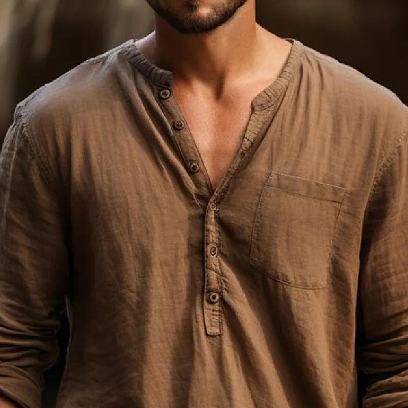 Men's Classic Casual V-Neck Pocket Cotton and Linen Long Sleeve Shirt 21602215K sold by Manly product image thumbnail 3