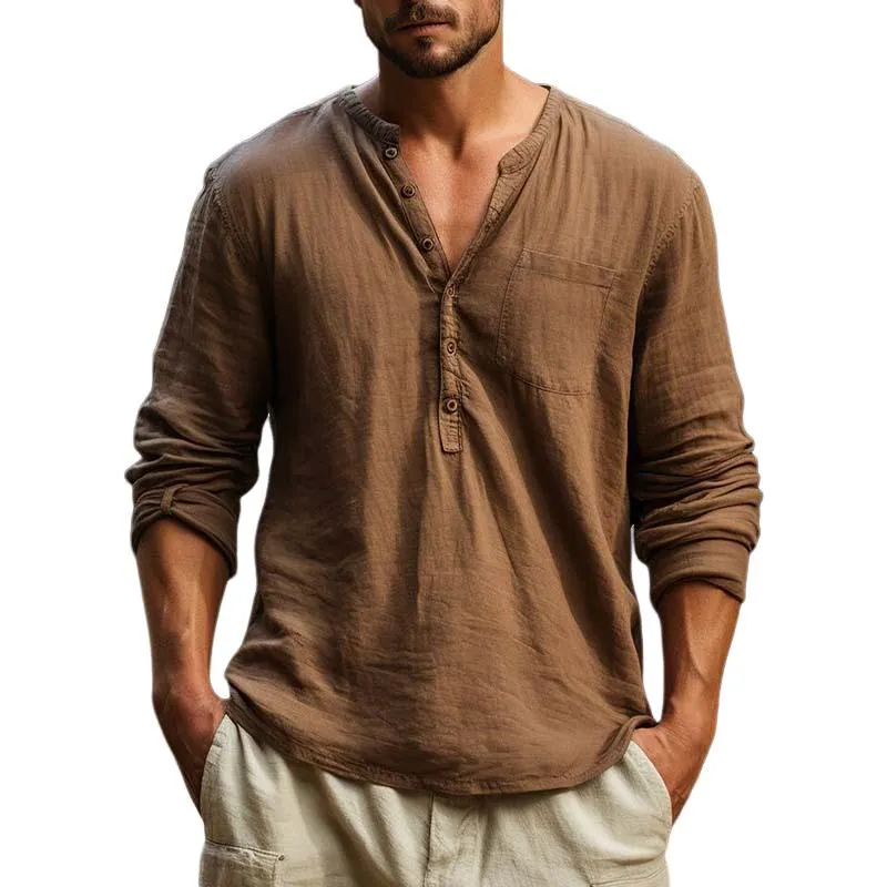 Men's Classic Casual V-Neck Pocket Cotton and Linen Long Sleeve Shirt 21602215K sold by Manly