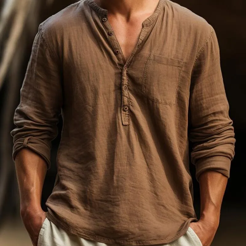 Men's Classic Casual V-Neck Pocket Cotton and Linen Long Sleeve Shirt 21602215K sold by Manly product image thumbnail 2