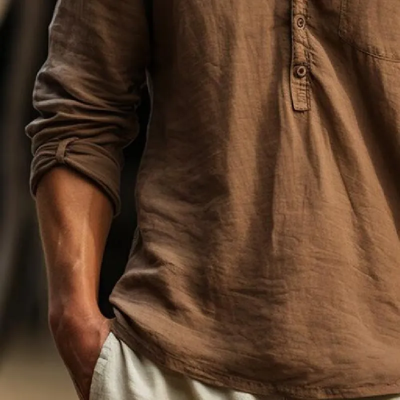 Men's Classic Casual V-Neck Pocket Cotton and Linen Long Sleeve Shirt 21602215K sold by Manly product image thumbnail 4