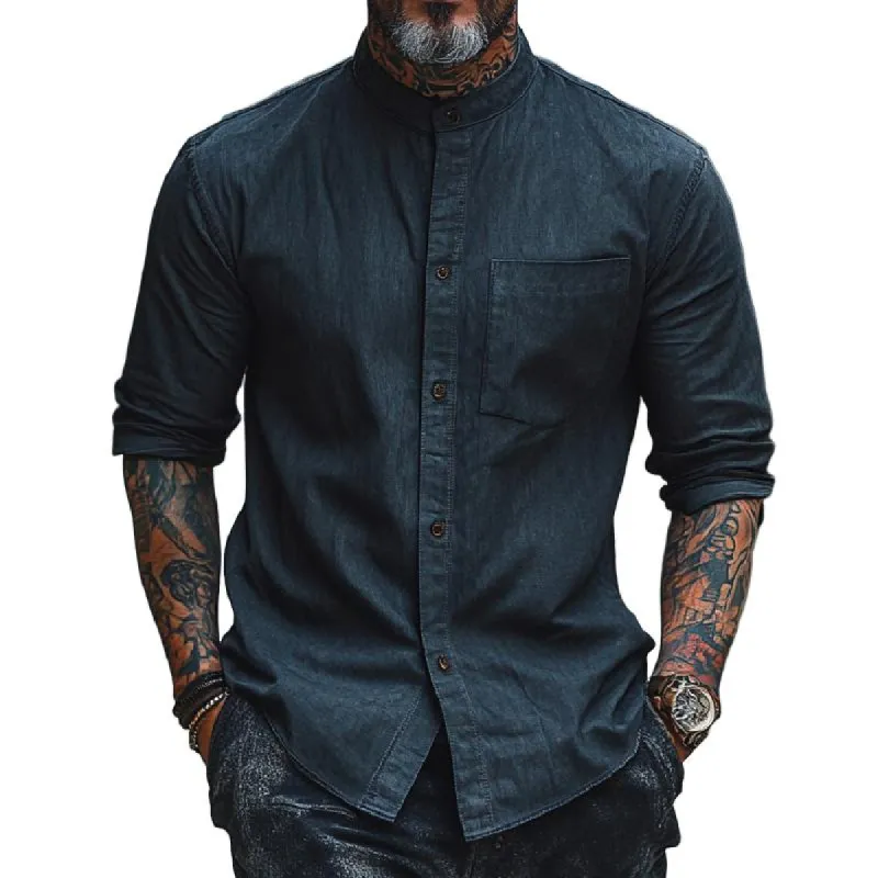 Men's Classic All-match Stand-up Collar Long-sleeved Shirt 78122777F sold by Manly