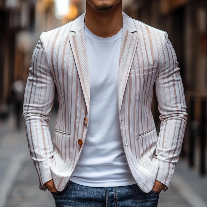 Men's Casual Striped Print Notch Lapel Single-breasted Blazer 81973870M sold by Manly product image thumbnail 2