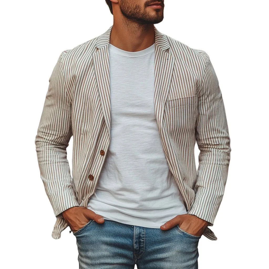 Men's Casual Striped Notch Lapel Single-breasted Loose Blazer 24748417M sold by Manly