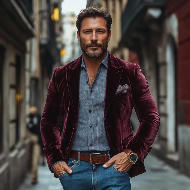 Men's Vintage Velvet Peak Lapel Single Breasted Slim Fit Blazer 73663425M sold by Manly product image thumbnail 4