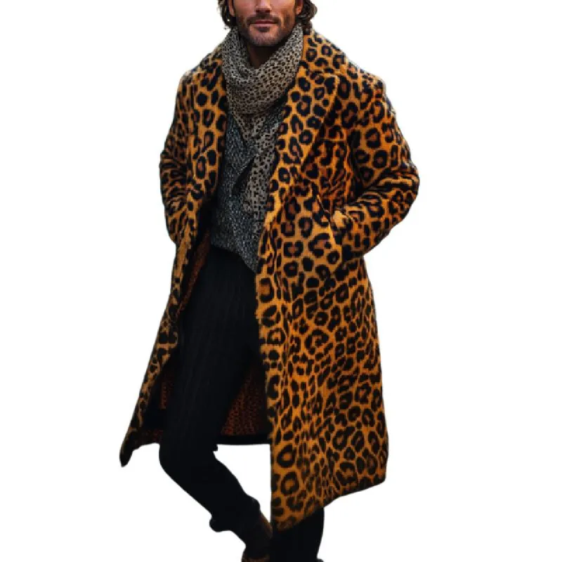 Men's Classic Lapel Long Knee-length Leopard Print Wool Coat 27488188F sold by Manly