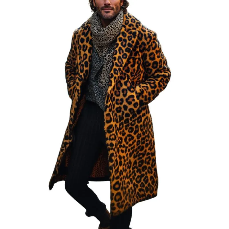 Men's Classic Lapel Long Knee-length Leopard Print Wool Coat 27488188F sold by Manly