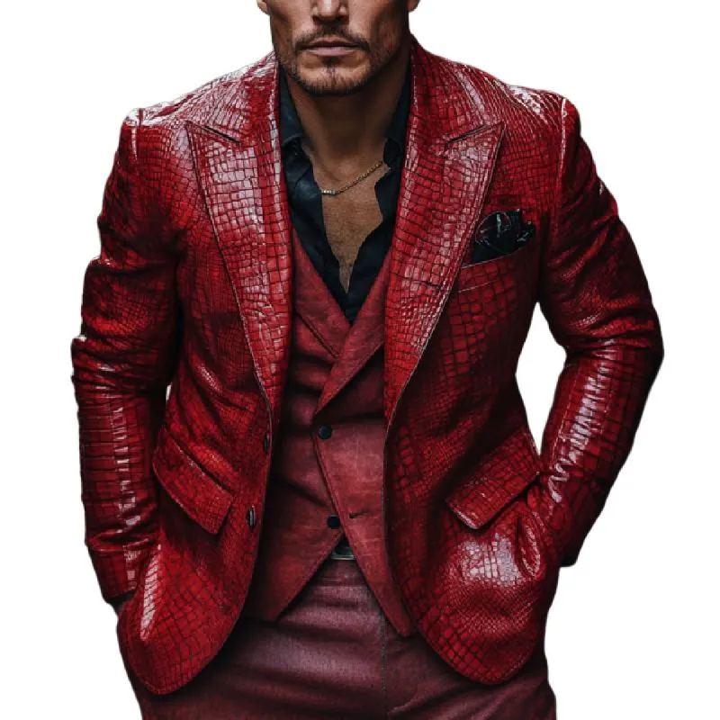 Men's Classic Lapel Red Crocodile Pattern Leather Blazer 42053399F sold by Manly