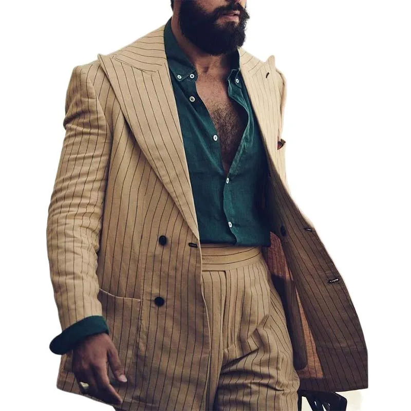 Men's Classic Casual Vertical Striped Double Breasted Linen Blazer 62305865K sold by Manly