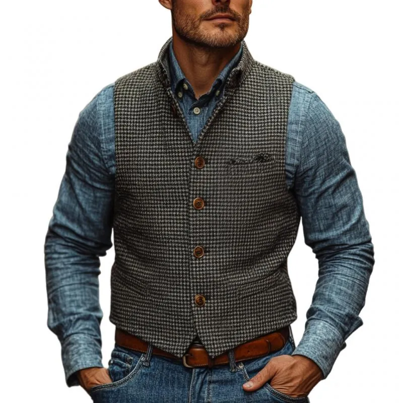 Men's Vintage Stand Collar Houndstooth Single Breasted Slim Vest 47336610M sold by Manly