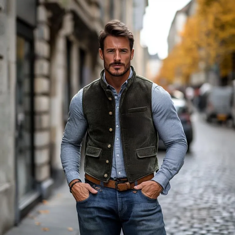 Men's Vintage Corduroy Stand Collar Single Breasted Work Vest 31627178M sold by Manly product image thumbnail 5