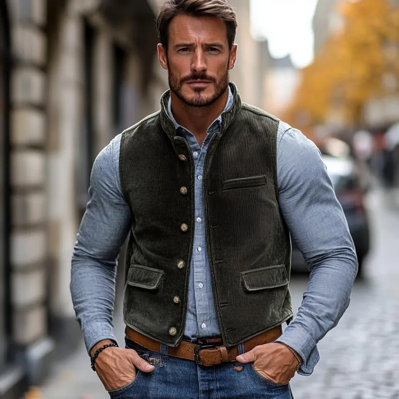 Men's Vintage Corduroy Stand Collar Single Breasted Work Vest 31627178M sold by Manly product image thumbnail 4
