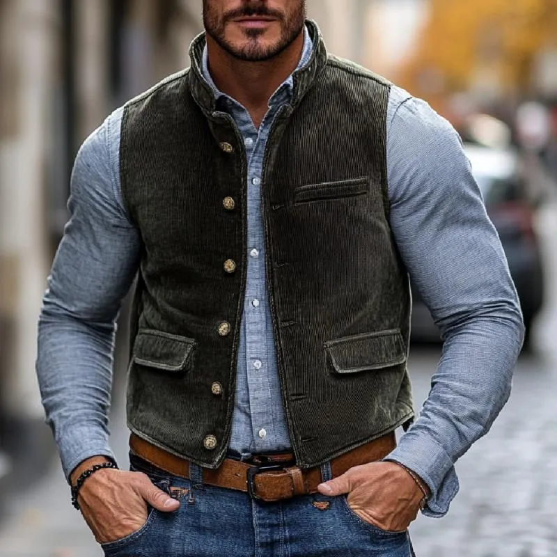 Men's Vintage Corduroy Stand Collar Single Breasted Work Vest 31627178M sold by Manly product image thumbnail 2